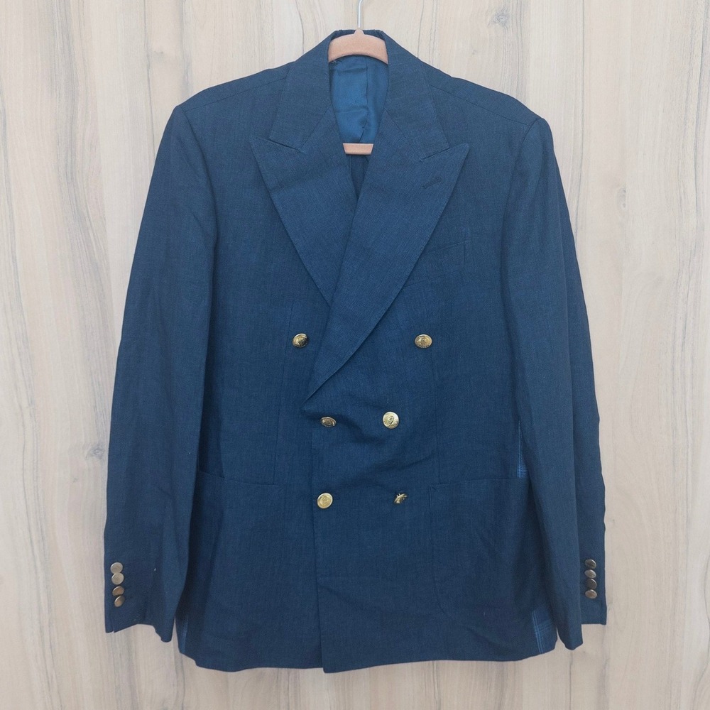 Labinjoh London Men Linen Double Breasted Blazer 52 Blue Gold Button Plaid Panel